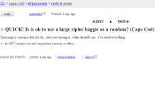 Cape Cod Craigslist Ad Of The Day - Is It OK To Use A Ziploc Bag As A Condom?