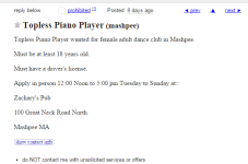 Cape Cod Craigslist Ad Of The Day - Zachary's Is Looking For A Topless Piano Player