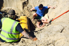 Man Digs Huge Hole At A Vineyard Beach, Has To Be Rescued By A Backhoe After It Collapses